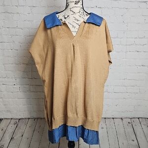 Ashley Stewart Tan Top With Blue Collar And Hem